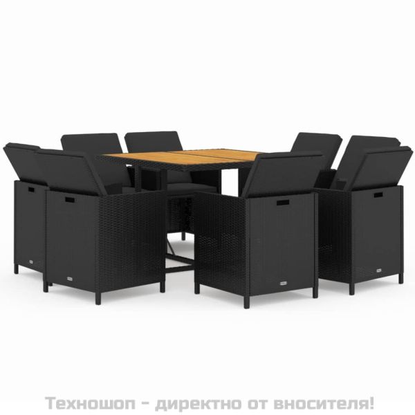 Градински трапезен комплект възглавници 9 части полиратан черен