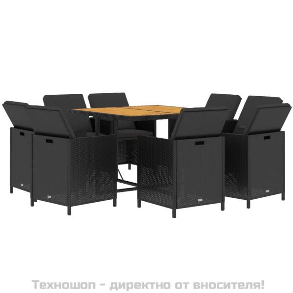 Градински трапезен комплект възглавници 9 части полиратан черен