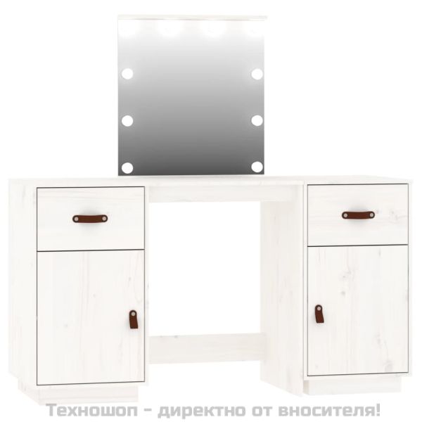 Комплект тоалетка с LED, бяла, борово дърво масив