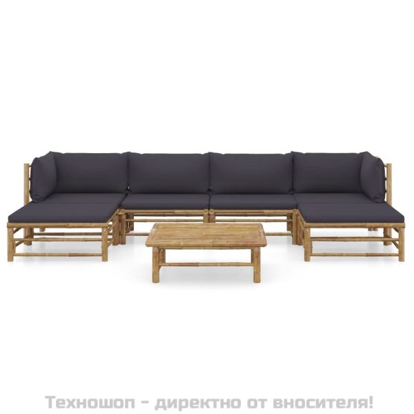 Градински лаундж комплект тъмносиви възглавници 7 части бамбук