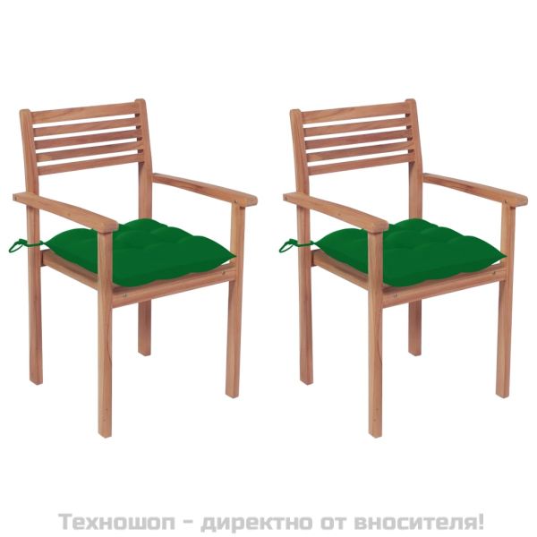 Градински столове, 2 бр, зелени възглавници, тиково дърво масив