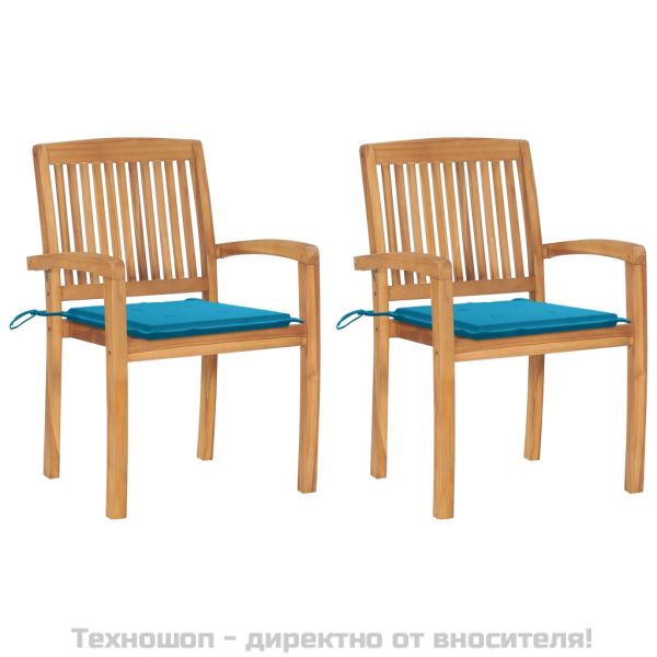 Градински столове, 2 бр, сини възглавници, тиково дърво масив
