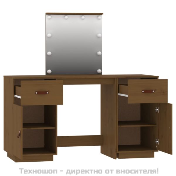 Комплект тоалетка с LED, Меденокафяв, борово дърво масив