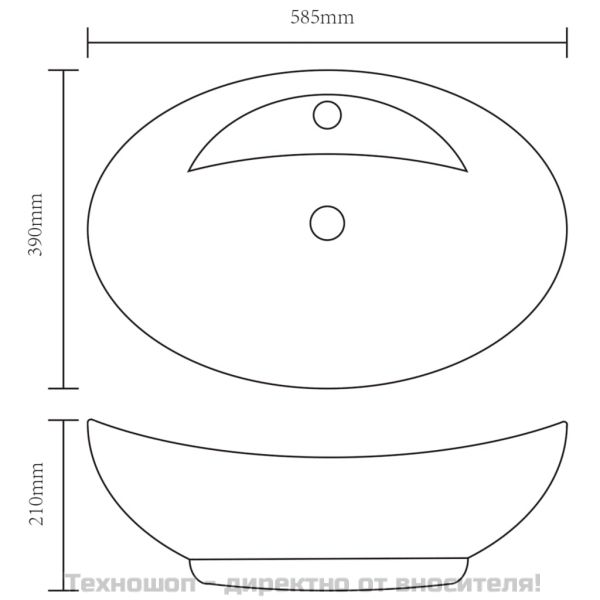 Керамична овална мивка с преливник и отвор за смесител, черна