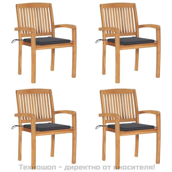 Стифиращи градински столове с възглавници 4 бр тик масив
