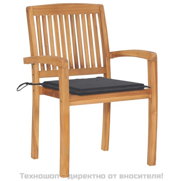 Стифиращи градински столове с възглавници 4 бр тик масив