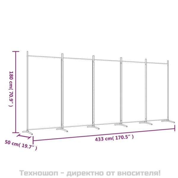 Параван за стая, 5 панела, черен, 433x180 см, плат