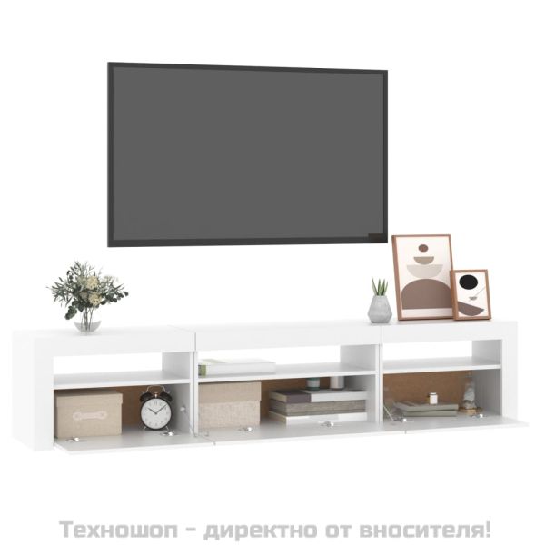 ТВ шкаф с LED осветление, бял, 195x35x40 см