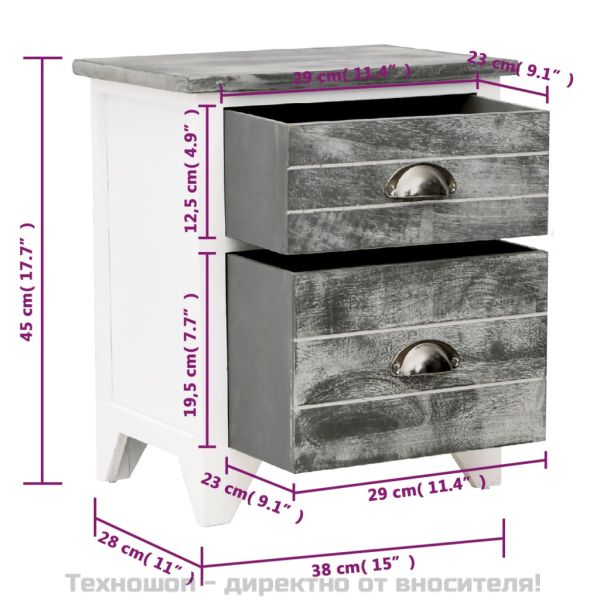 Нощно шкафче, сиво и бяло, 38x28x45 см, дърво от пауловния
