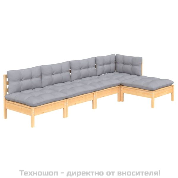 Градински лаундж комплект със сиви възглавници, 5 части, бор