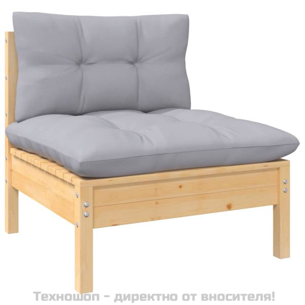 Градински лаундж комплект със сиви възглавници, 5 части, бор