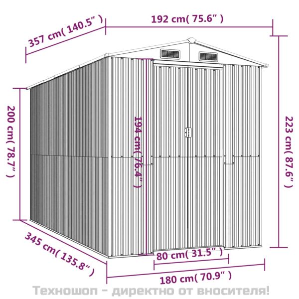 Градинска барака светлосива 192x357x223 см поцинкована стомана