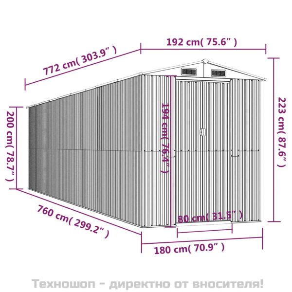 Градинска барака светлосива 192x772x223 см поцинкована стомана
