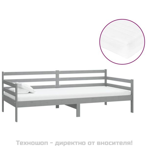 Дневно легло с матрак, 90x200 см, сиво, борово дърво масив
