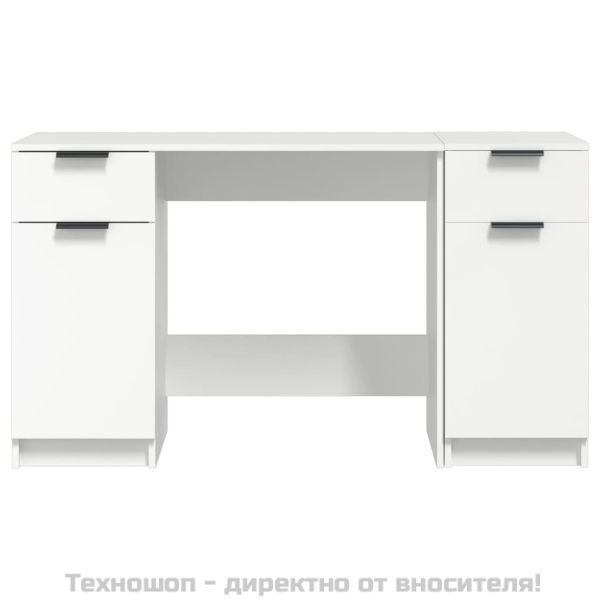 Бюро със страничен шкаф, бял, инженерно дърво
