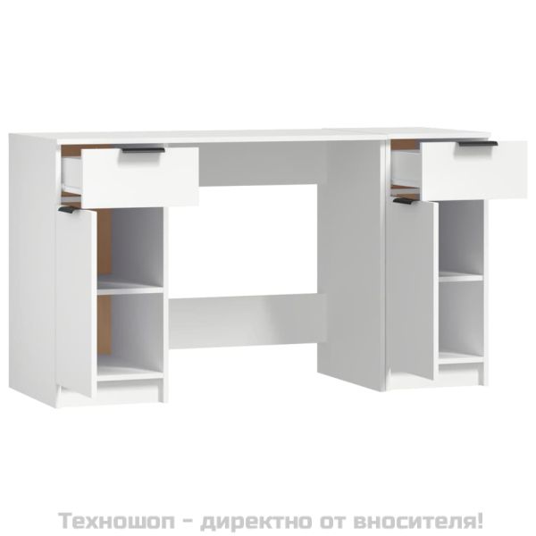 Бюро със страничен шкаф, бял, инженерно дърво