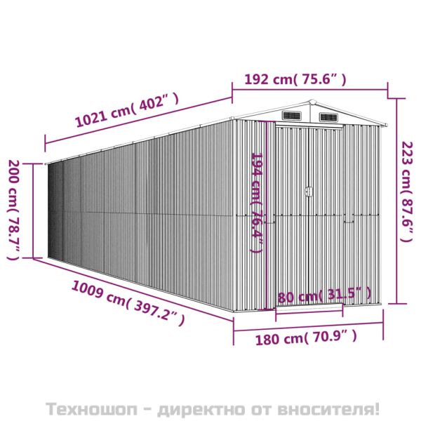 Градински навес тъмнокафяв 192x1021x223 см поцинкована стомана