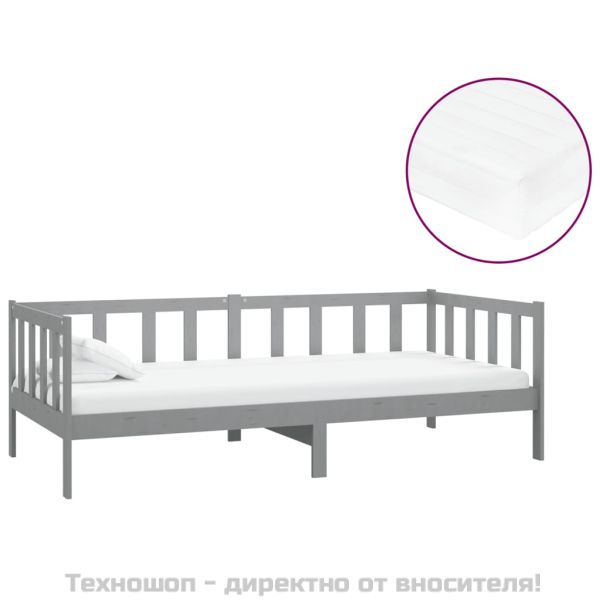Дневно легло с матрак, 90x200 см, сиво, борово дърво масив