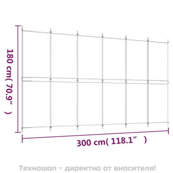 Параван за стая, 6 панела, бял, 300x180 см, текстил