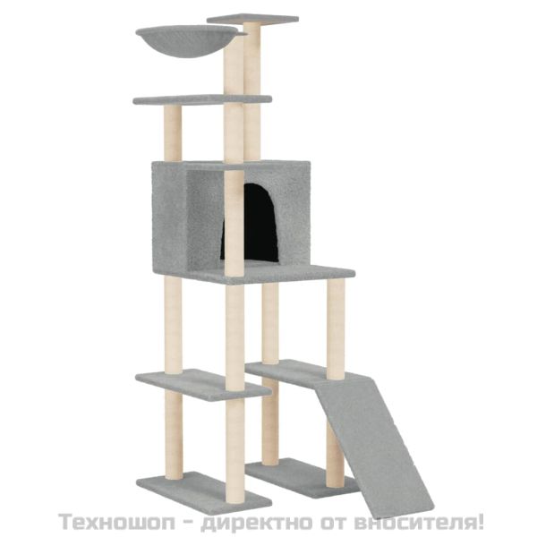 Котешко дърво със сизалени стълбове, светлосиво, 166 см