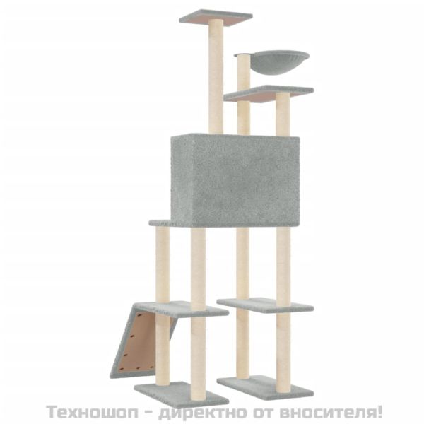 Котешко дърво със сизалени стълбове, светлосиво, 166 см
