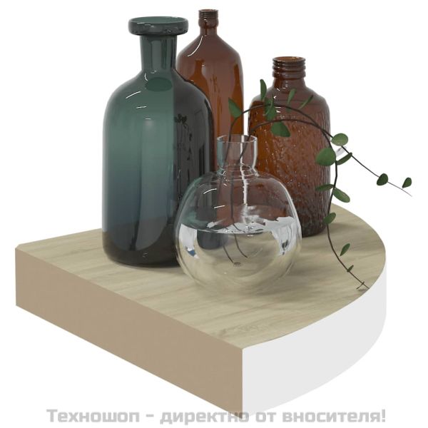 Стенен ъглов рафт, дъб и бяло, 25x25x3,8 см, МДФ