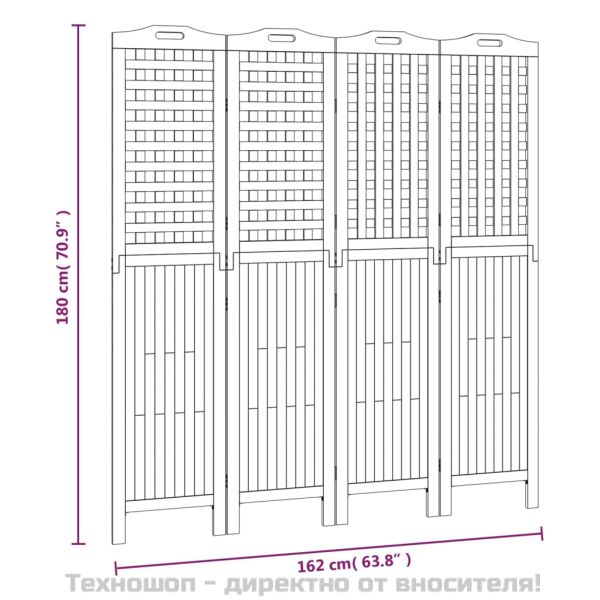 Параван за стая, 4 панела, 162x2x180 cм, акациево дърво масив
