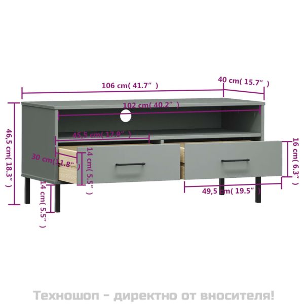 ТВ шкаф с метални крака сив бор масив OSLO