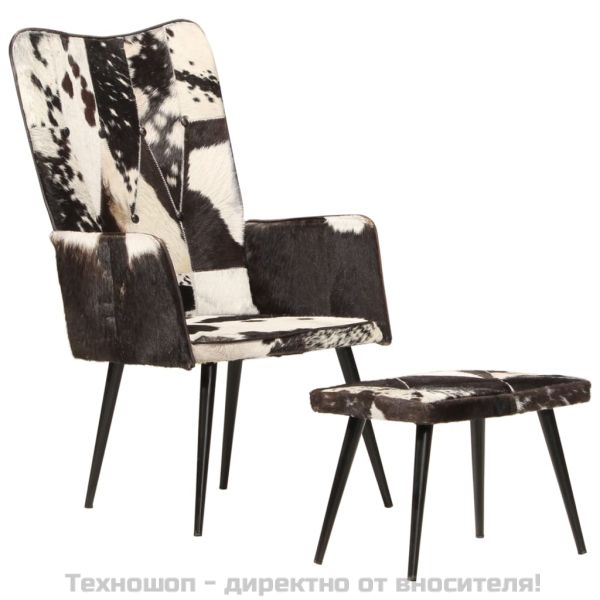 Wingback стол с табуретка, черен, естествена кожа