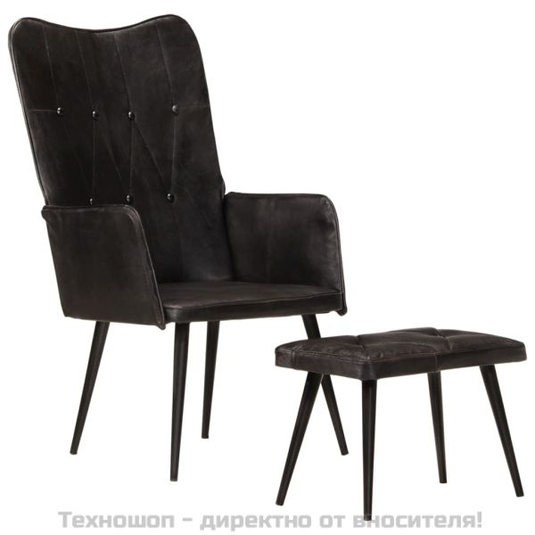 Wingback стол с табуретка, черен, естествена кожа