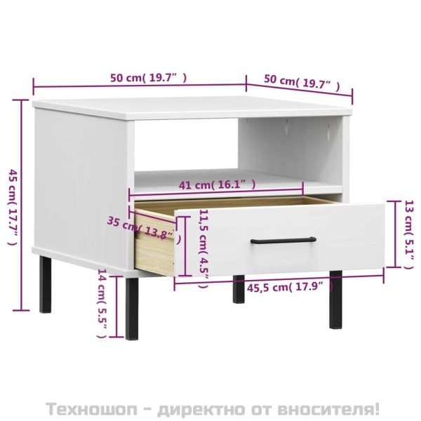 Нощна масичка с метални крака бяла бор масив OSLO
