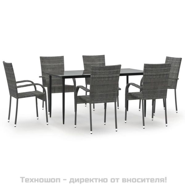 Градински трапезен комплект от 7 части, полиратан, сив