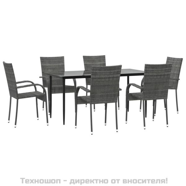 Градински трапезен комплект от 7 части, полиратан, сив