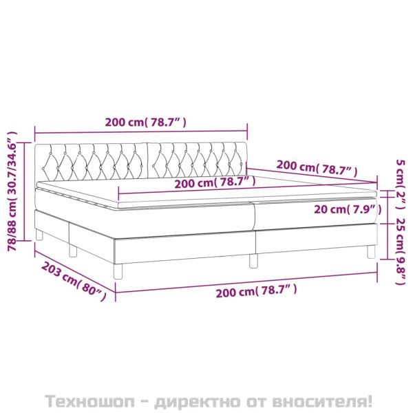 Боксспринг легло с матрак и LED, тъмносиво, 200x200 см, плат