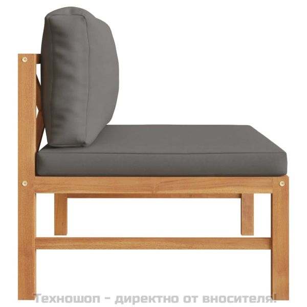 Среден диван с тъмносиви възглавници, тиково дърво масив