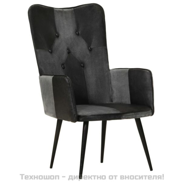 Wingback стол, черно и сиво, естествена кожа