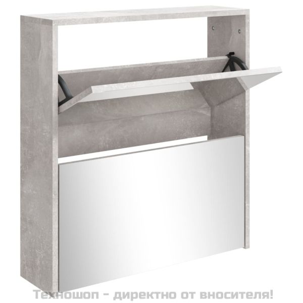 Шкаф за обувки с огледало, 2 нива, бетонно сив, 63x17x67 см