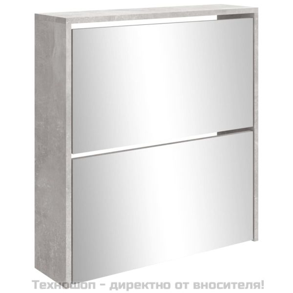Шкаф за обувки с огледало, 2 нива, бетонно сив, 63x17x67 см