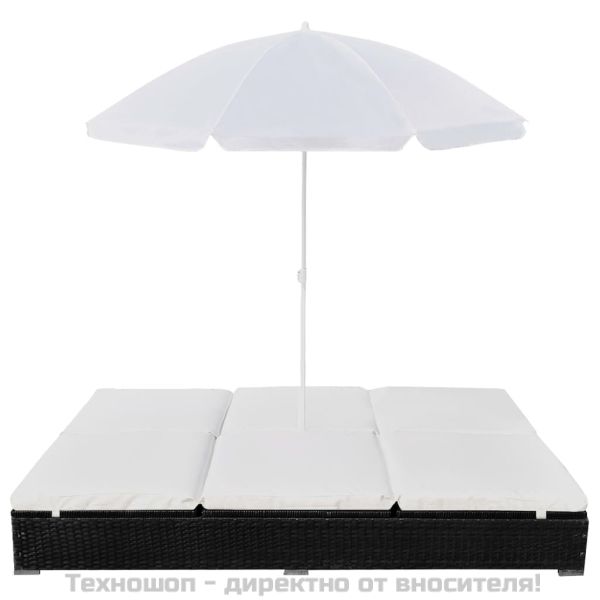Градинско лаундж легло с чадър, полиратан, черно