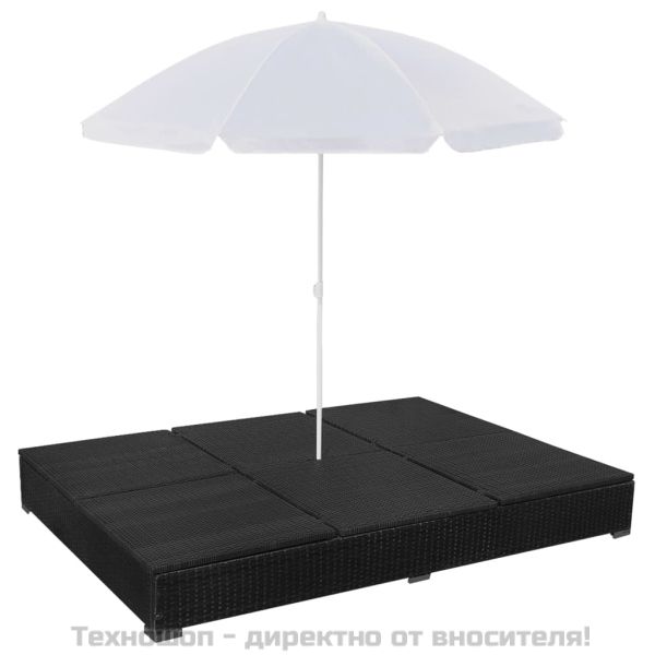 Градинско лаундж легло с чадър, полиратан, черно