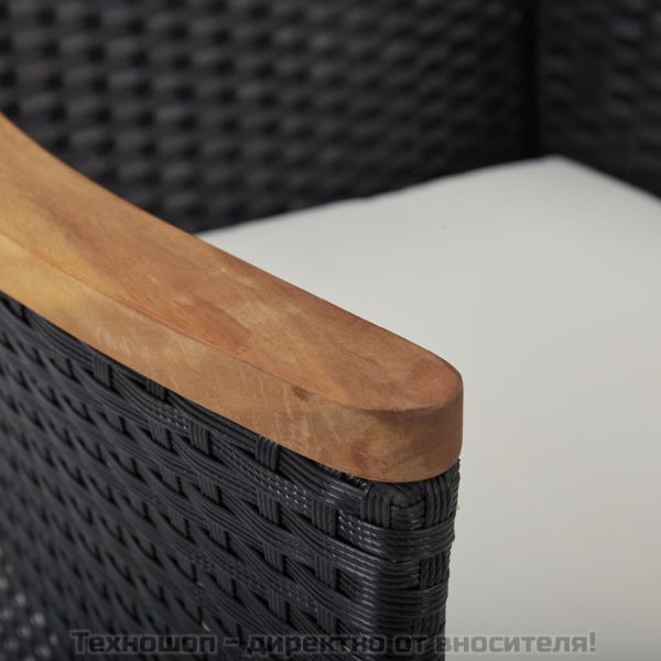 Градински трапезен комплект, 5 части, черен полиратан и акация