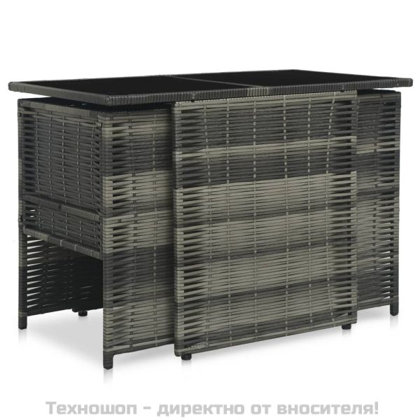 Бистро комплект, 3 части, с възглавници, полиратан, сив