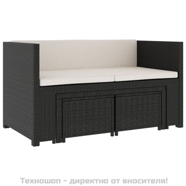 Градински комплект с възглавници, 5 части, черен полиратан