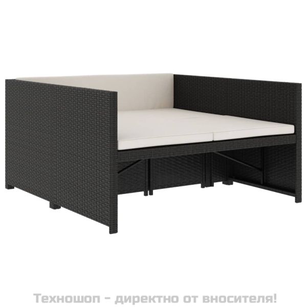 Градински комплект с възглавници, 5 части, черен полиратан