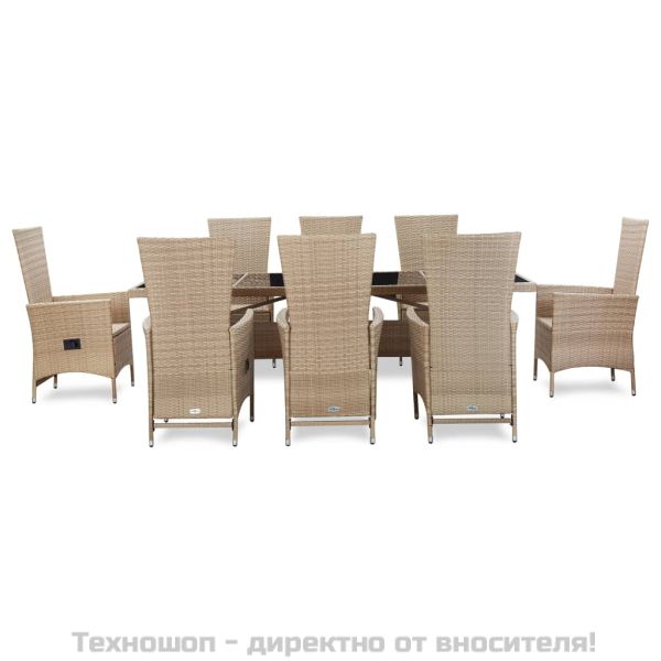 Градински комплект с възглавници, 9 части, бежов полиратан
