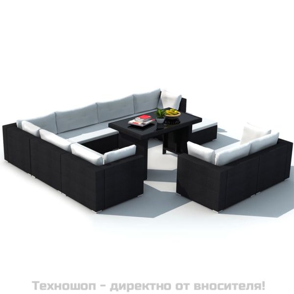 Градински комплект с възглавници, 10 части, черен полиратан