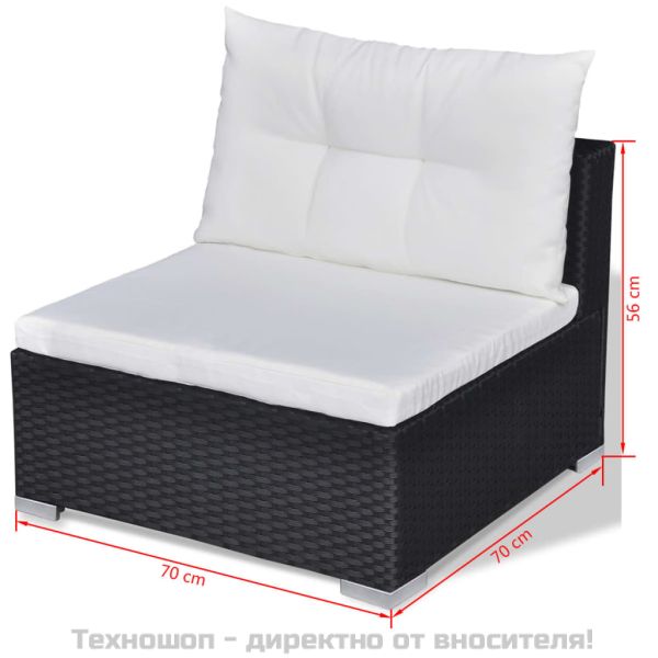 Градински комплект с възглавници, 10 части, черен полиратан