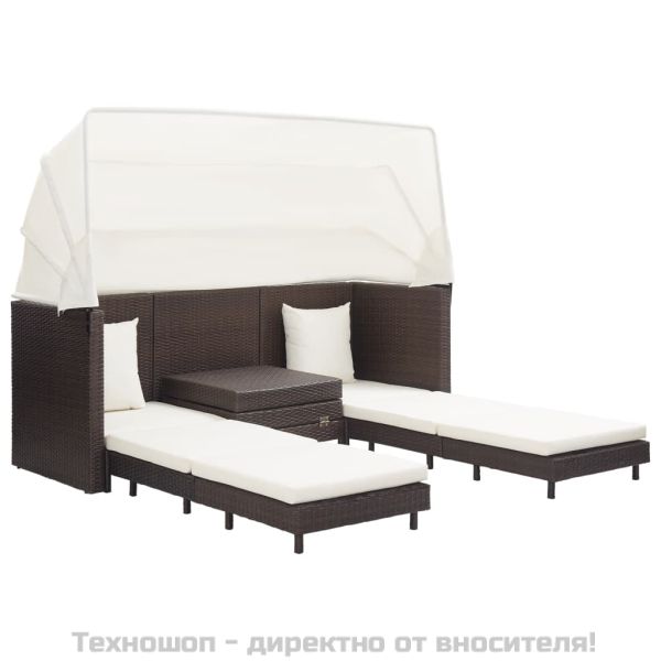 Разтегателен 3-местен диван с навес, полиратан, кафяв