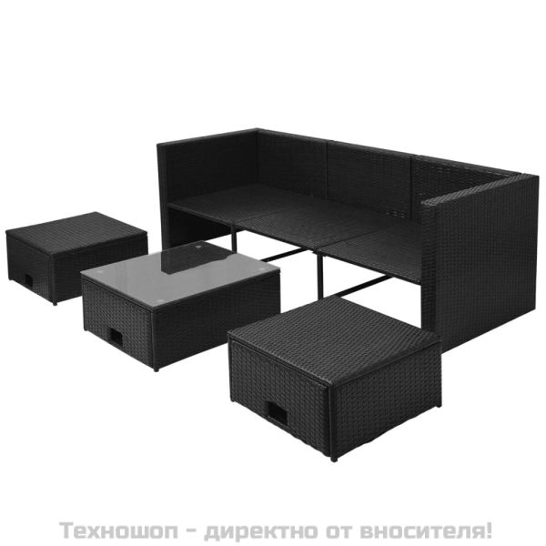 Градински комплект с възглавници, 4 части, черен полиратан