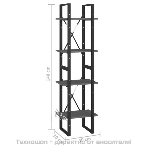 4-етажна библиотека, сива, 40x30x140 см, борово дърво масив
